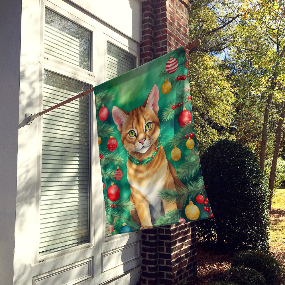Chausie Cat By the Christmas Tree House Flag 28x40 Porch Sleeve Pole Decorative Outside Yard Banner Artwork Wall Hanging, Polyester