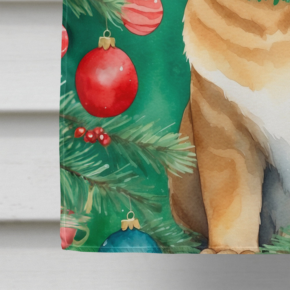 Chausie Cat By the Christmas Tree House Flag 28x40 Porch Sleeve Pole Decorative Outside Yard Banner Artwork Wall Hanging, Polyester