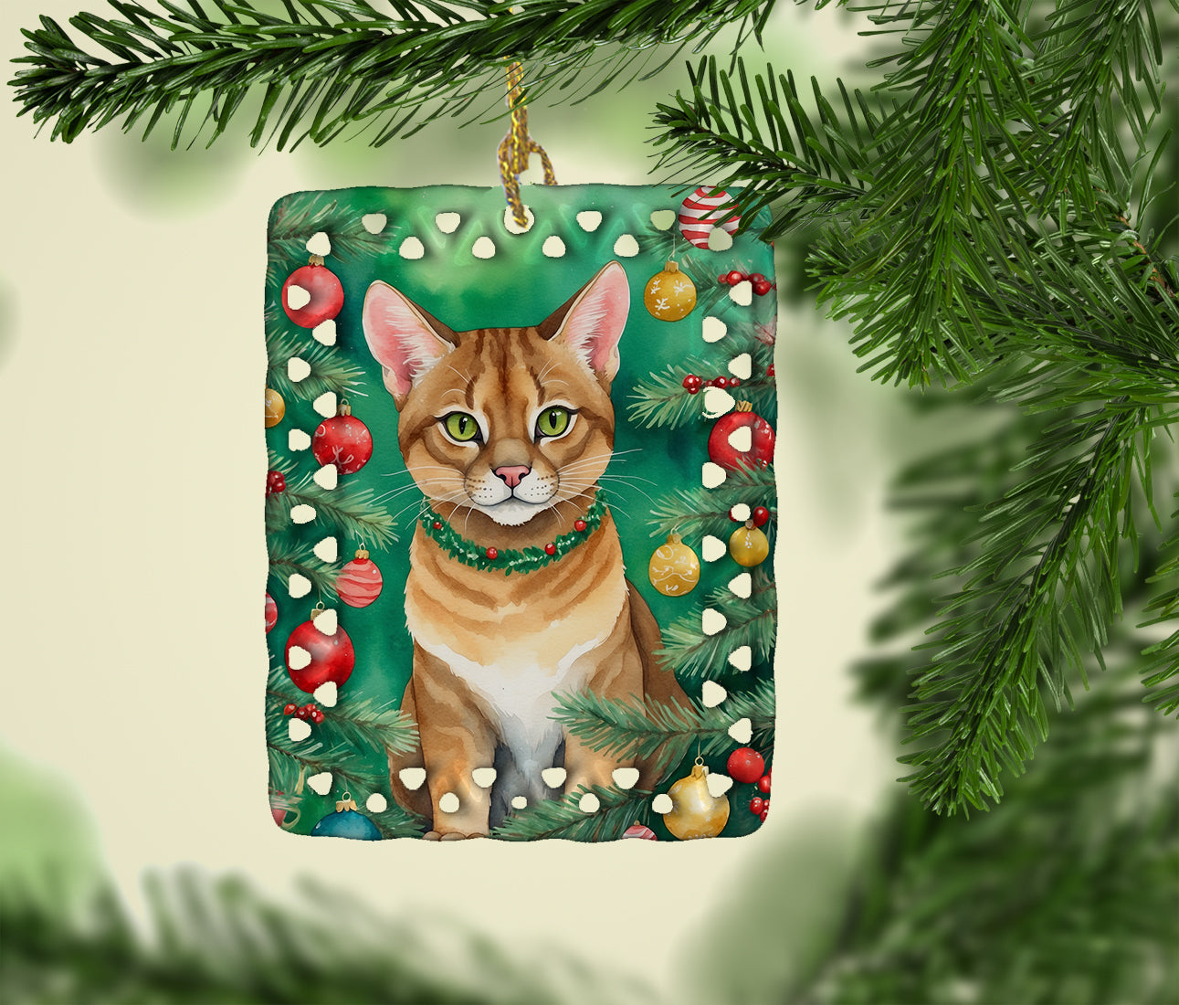 Chausie Cat By the Christmas Tree Porcelain Ornament Christmas Tree Hanging Decorations for Home Christmas Holiday, Rectangle, Gift, Multicolor
