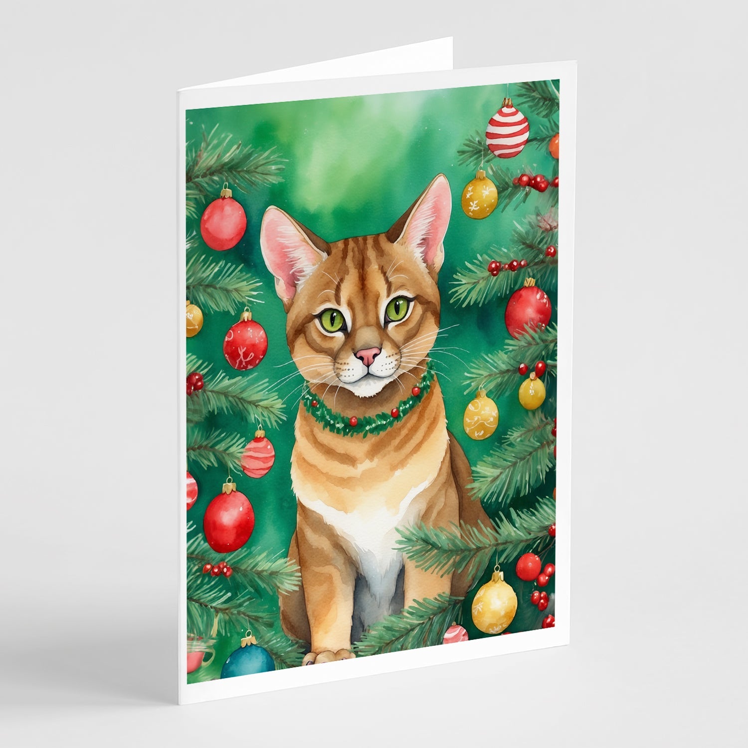 Chausie Cat By the Christmas Tree Greeting Cards Pack of 8 Blank Cards with Envelopes Whimsical A7 Size 5x7
