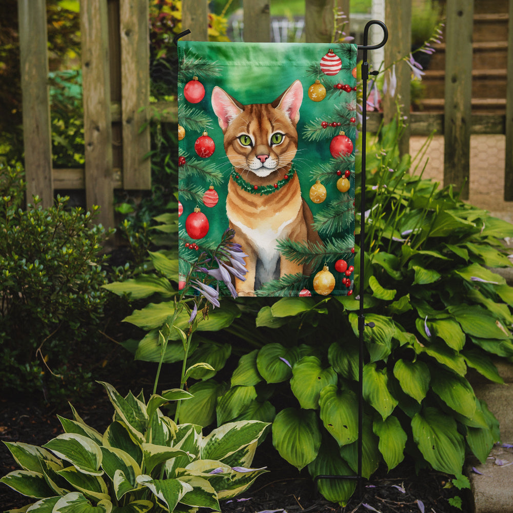 Chausie Cat By the Christmas Tree Garden Flag Mailbox Decorative Yard Banner Outside Patio Artwork for Flower Beds, Garden Size, Multicolor