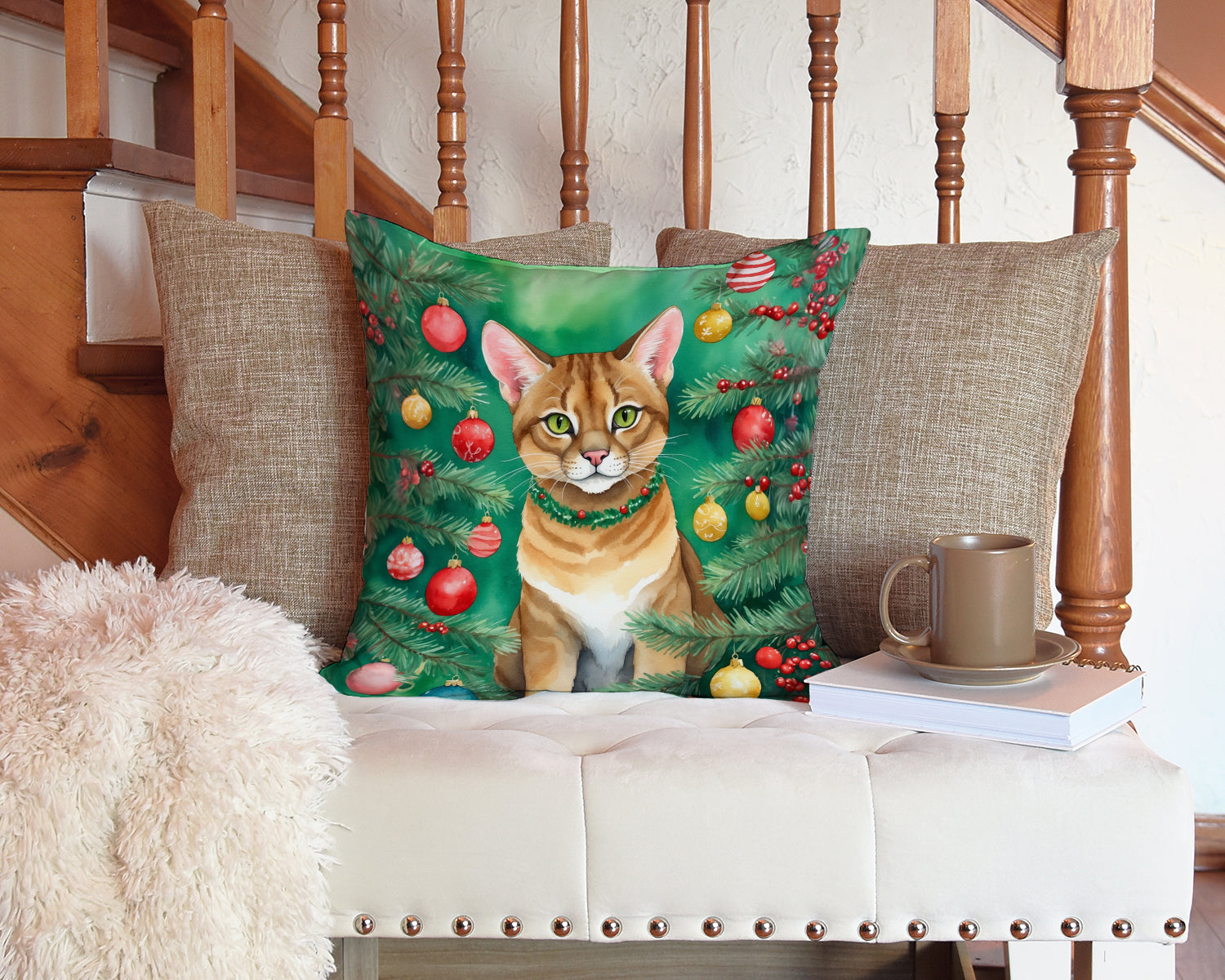 Chausie Cat By the Christmas Tree Decorative Throw Pillow 14x14 Indoor Outdoor Accent Cushion, Fabric Cover with Insert for Sofa, Bed, Porch & Living Room