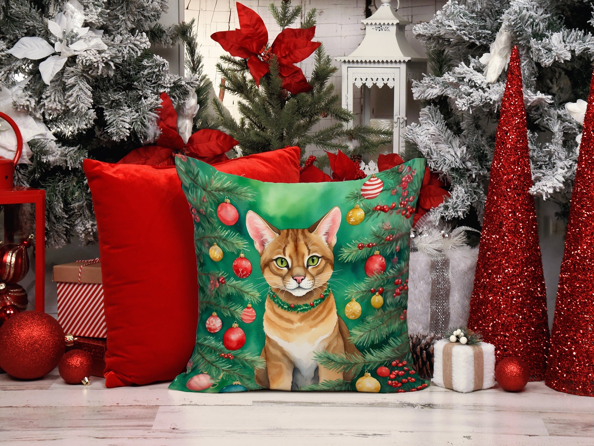 Chausie Cat By the Christmas Tree Decorative Throw Pillow 18x18 Indoor Outdoor Accent Cushion, Fabric Cover with Insert for Sofa, Bed, Porch & Living Room