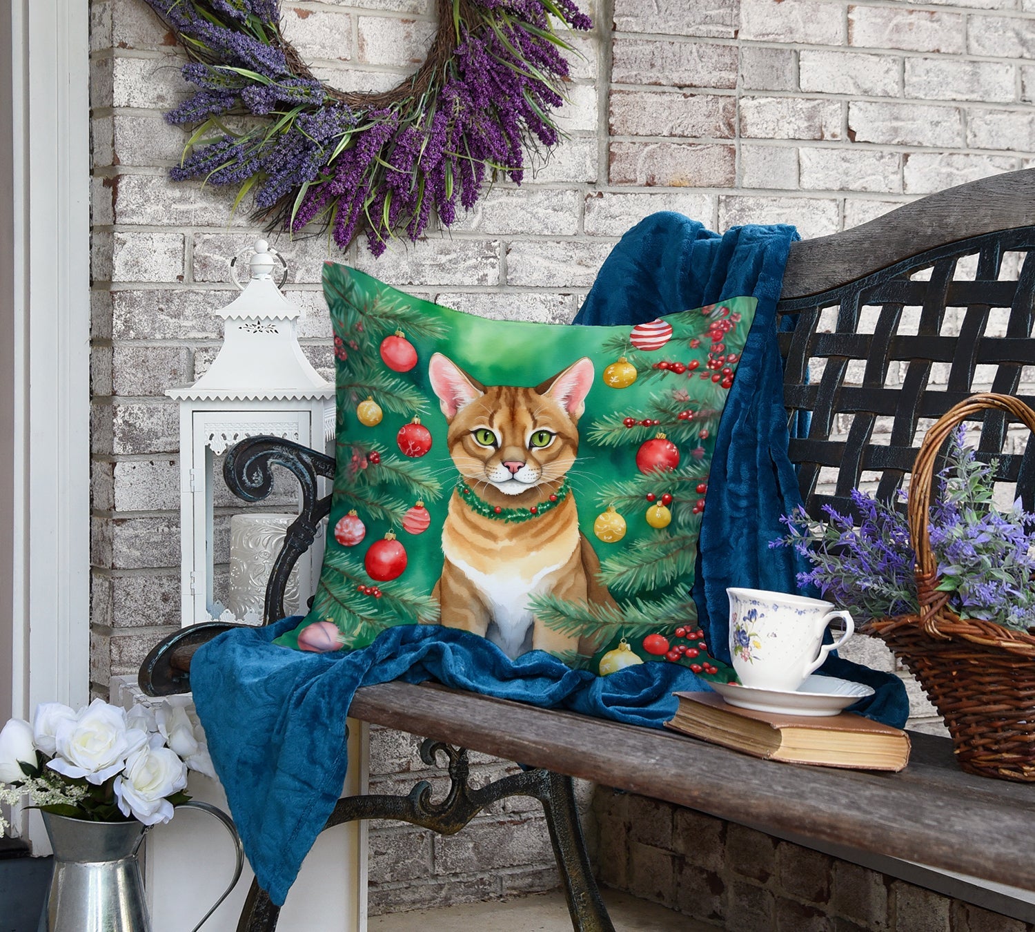 Chausie Cat By the Christmas Tree Decorative Throw Pillow 18x18 Indoor Outdoor Accent Cushion, Fabric Cover with Insert for Sofa, Bed, Porch & Living Room
