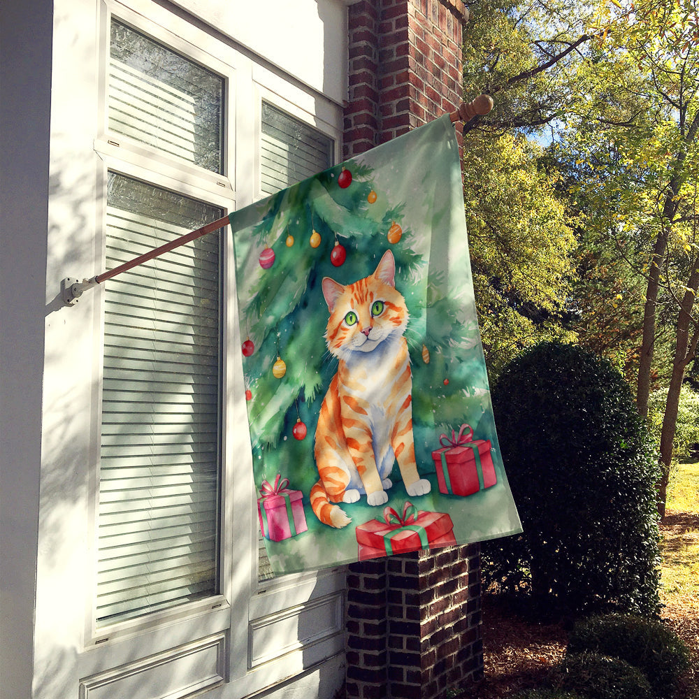 Cheetoh Cat By the Christmas Tree House Flag 28x40 Porch Sleeve Pole Decorative Outside Yard Banner Artwork Wall Hanging, Polyester