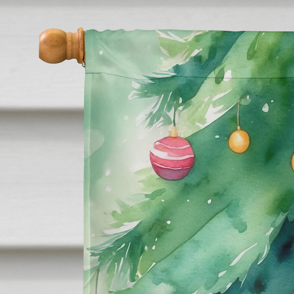 Cheetoh Cat By the Christmas Tree House Flag 28x40 Porch Sleeve Pole Decorative Outside Yard Banner Artwork Wall Hanging, Polyester