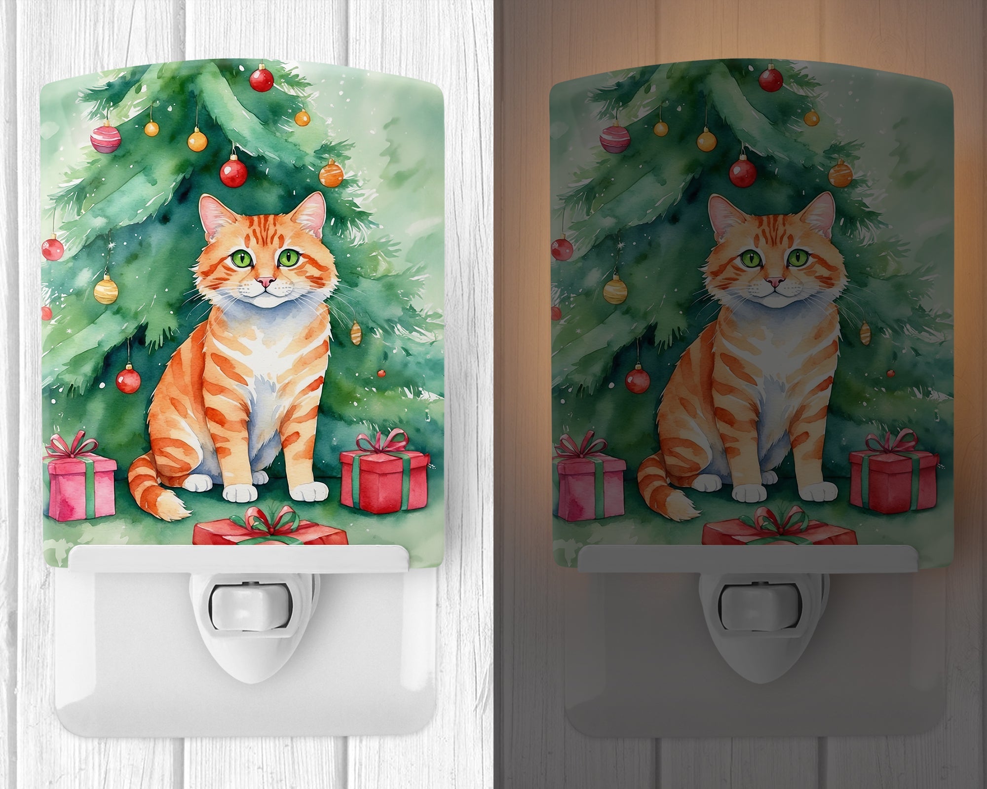 Cheetoh Cat By the Christmas Tree Ceramic Night Light Compact, UL-Certified, Ideal for Bedroom, Bathroom, Nursery, Hallway, Kitchen, 6x4x3, Multicolor
