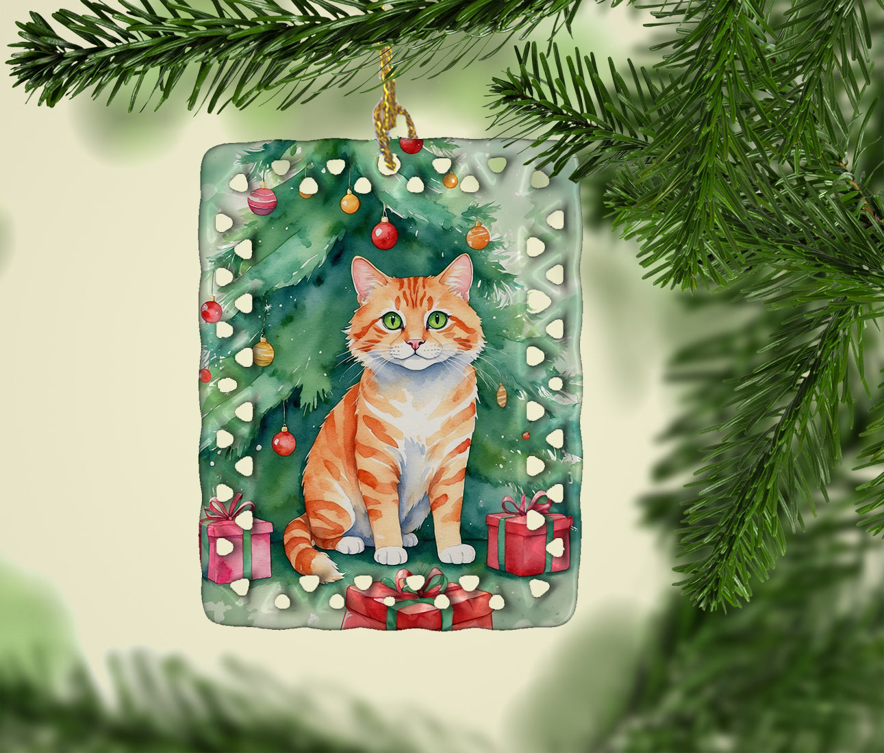 Cheetoh Cat By the Christmas Tree Porcelain Ornament Christmas Tree Hanging Decorations for Home Christmas Holiday, Rectangle, Gift, Multicolor