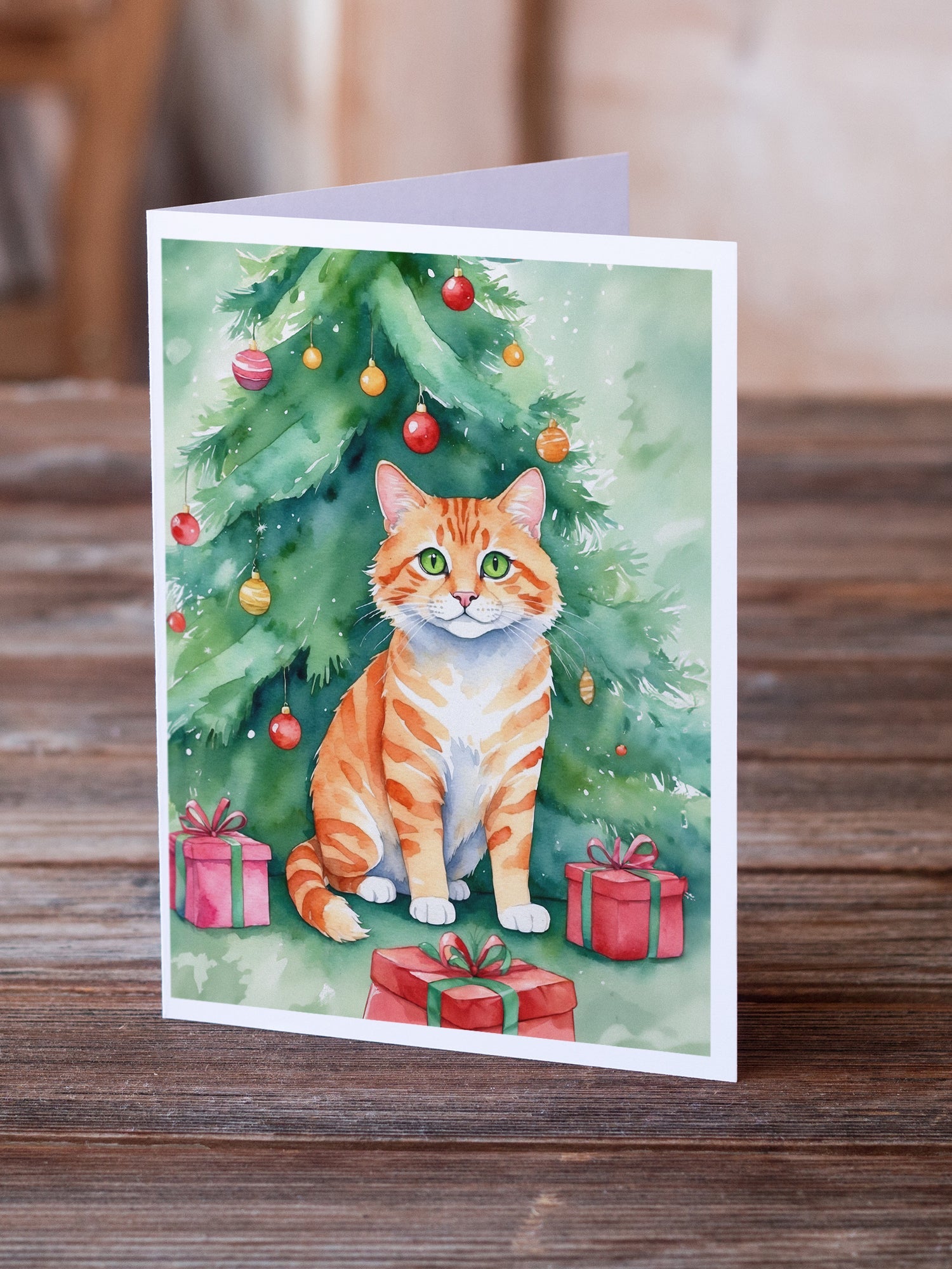 Cheetoh Cat By the Christmas Tree Greeting Cards Pack of 8 Blank Cards with Envelopes Whimsical A7 Size 5x7