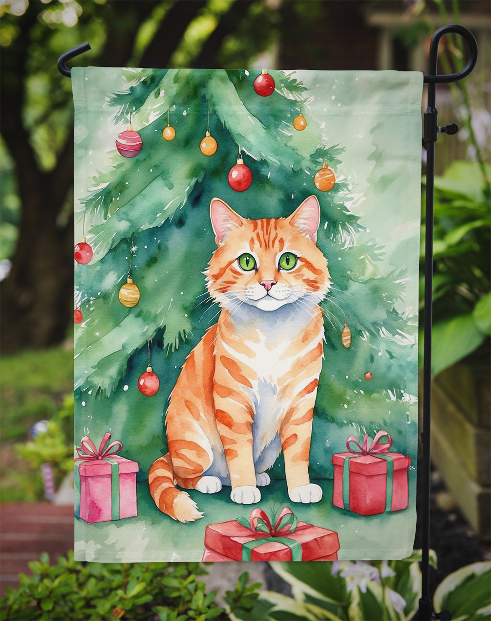 Cheetoh Cat By the Christmas Tree Garden Flag Mailbox Decorative Yard Banner Outside Patio Artwork for Flower Beds, Garden Size, Multicolor