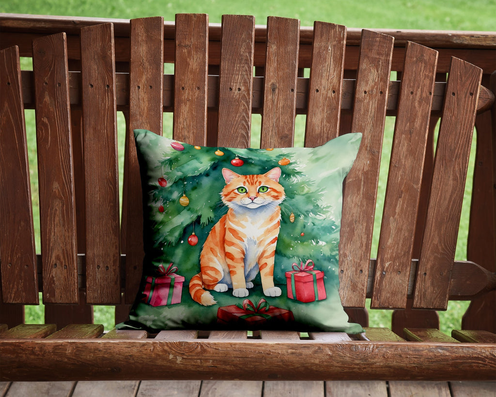 Cheetoh Cat By the Christmas Tree Decorative Throw Pillow 14x14 Indoor Outdoor Accent Cushion, Fabric Cover with Insert for Sofa, Bed, Porch & Living Room