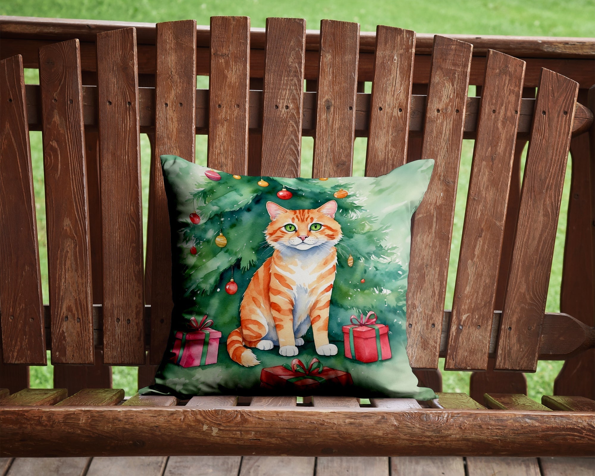 Cheetoh Cat By the Christmas Tree Decorative Throw Pillow 14x14 Indoor Outdoor Accent Cushion, Fabric Cover with Insert for Sofa, Bed, Porch & Living Room