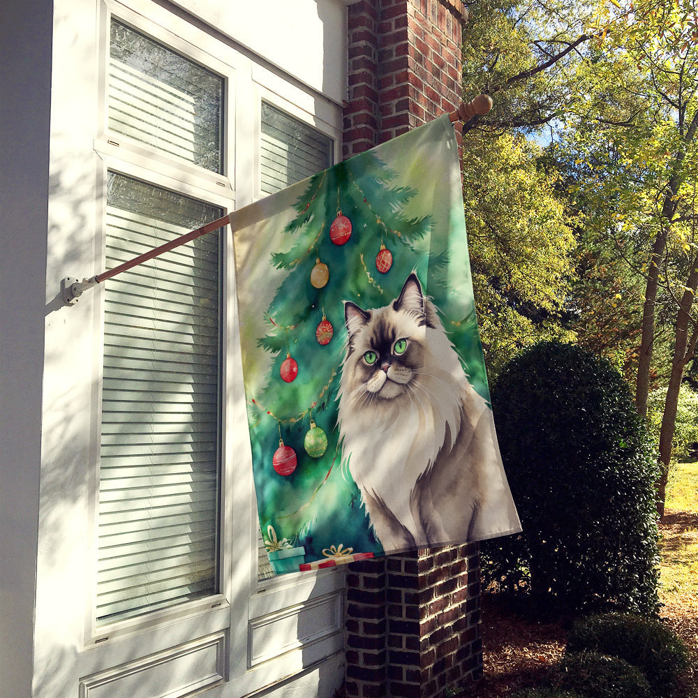 Colorpoint Longhair Cat By the Christmas Tree House Flag 28x40 Porch Sleeve Pole Decorative Outside Yard Banner Artwork Wall Hanging, Polyester