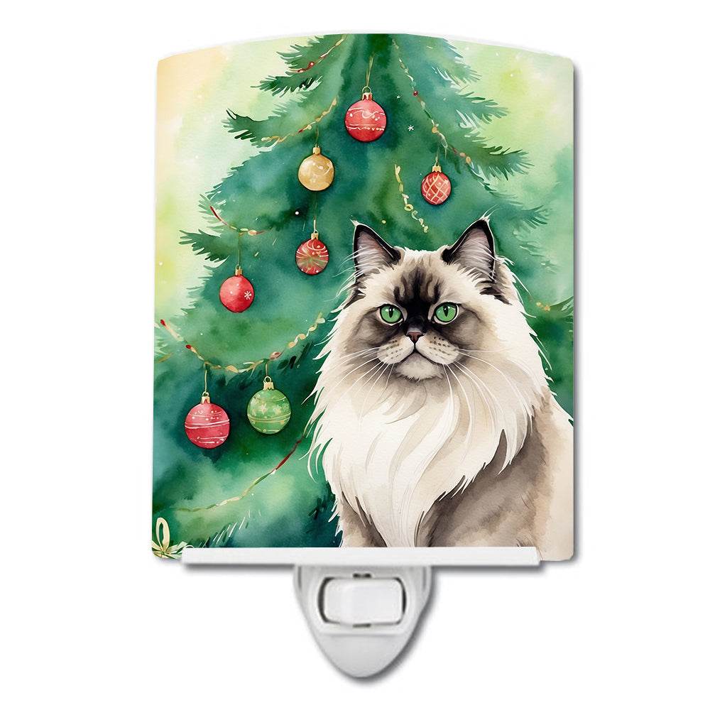 Colorpoint Longhair Cat By the Christmas Tree Ceramic Night Light Compact, UL-Certified, Ideal for Bedroom, Bathroom, Nursery, Hallway, Kitchen, 6x4x3, Multicolor