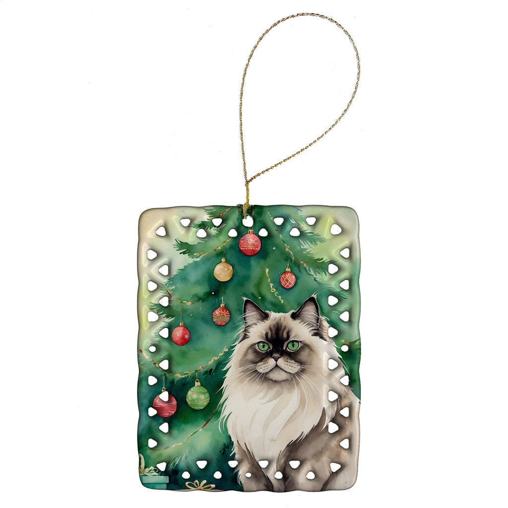Colorpoint Longhair Cat By the Christmas Tree Porcelain Ornament Christmas Tree Hanging Decorations for Home Christmas Holiday, Rectangle, Gift, Multicolor