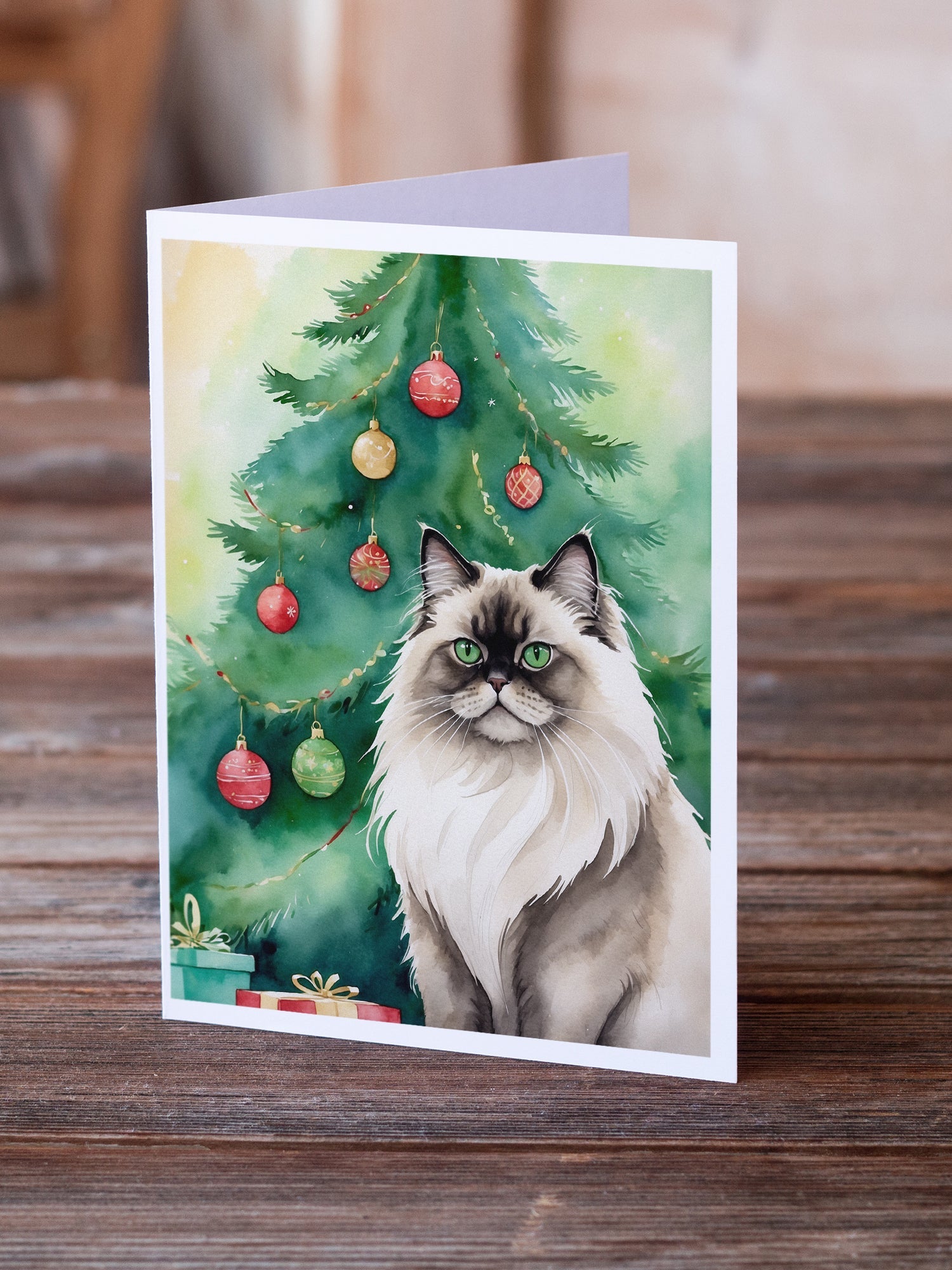 Colorpoint Longhair Cat By the Christmas Tree Greeting Cards Pack of 8 Blank Cards with Envelopes Whimsical A7 Size 5x7