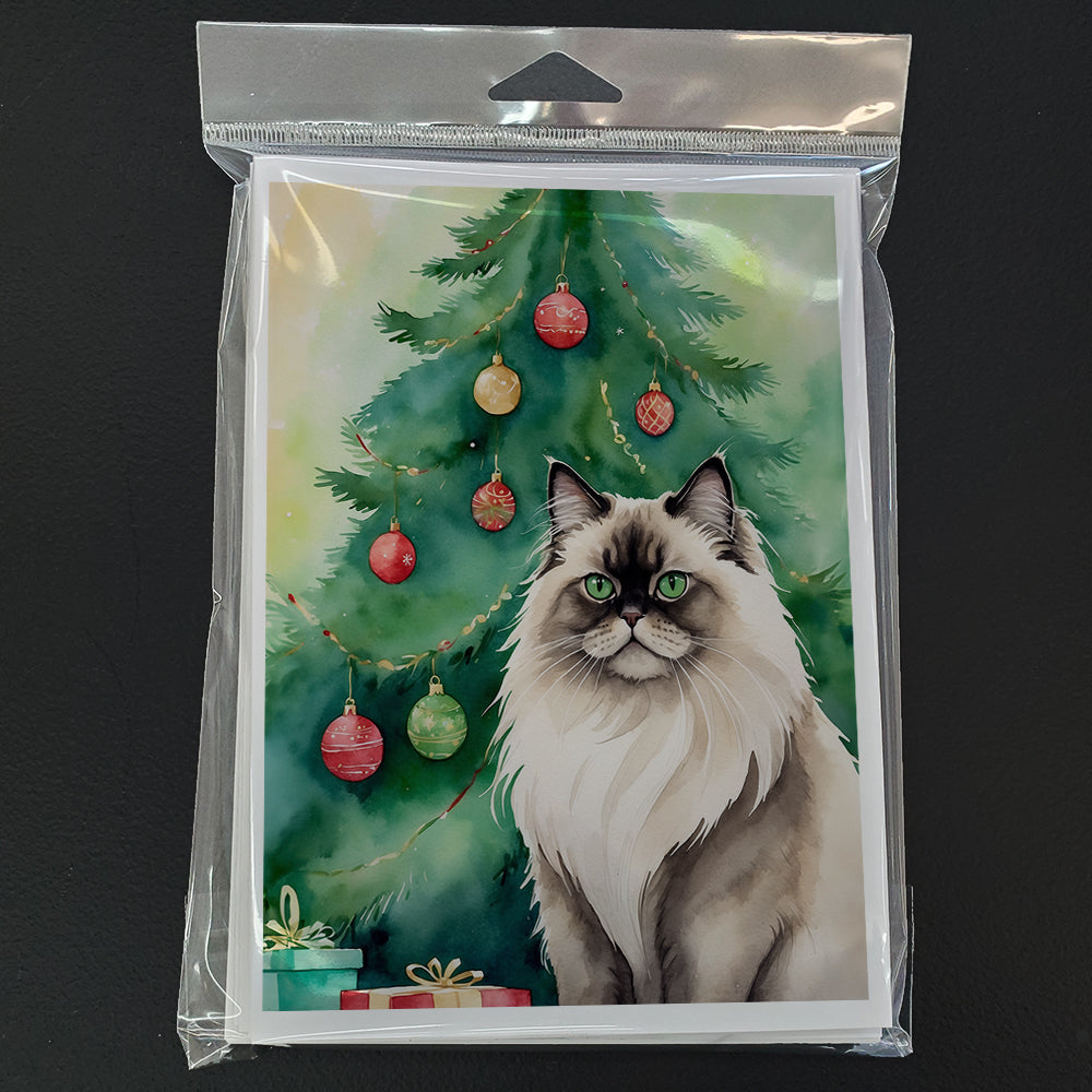 Colorpoint Longhair Cat By the Christmas Tree Greeting Cards Pack of 8 Blank Cards with Envelopes Whimsical A7 Size 5x7