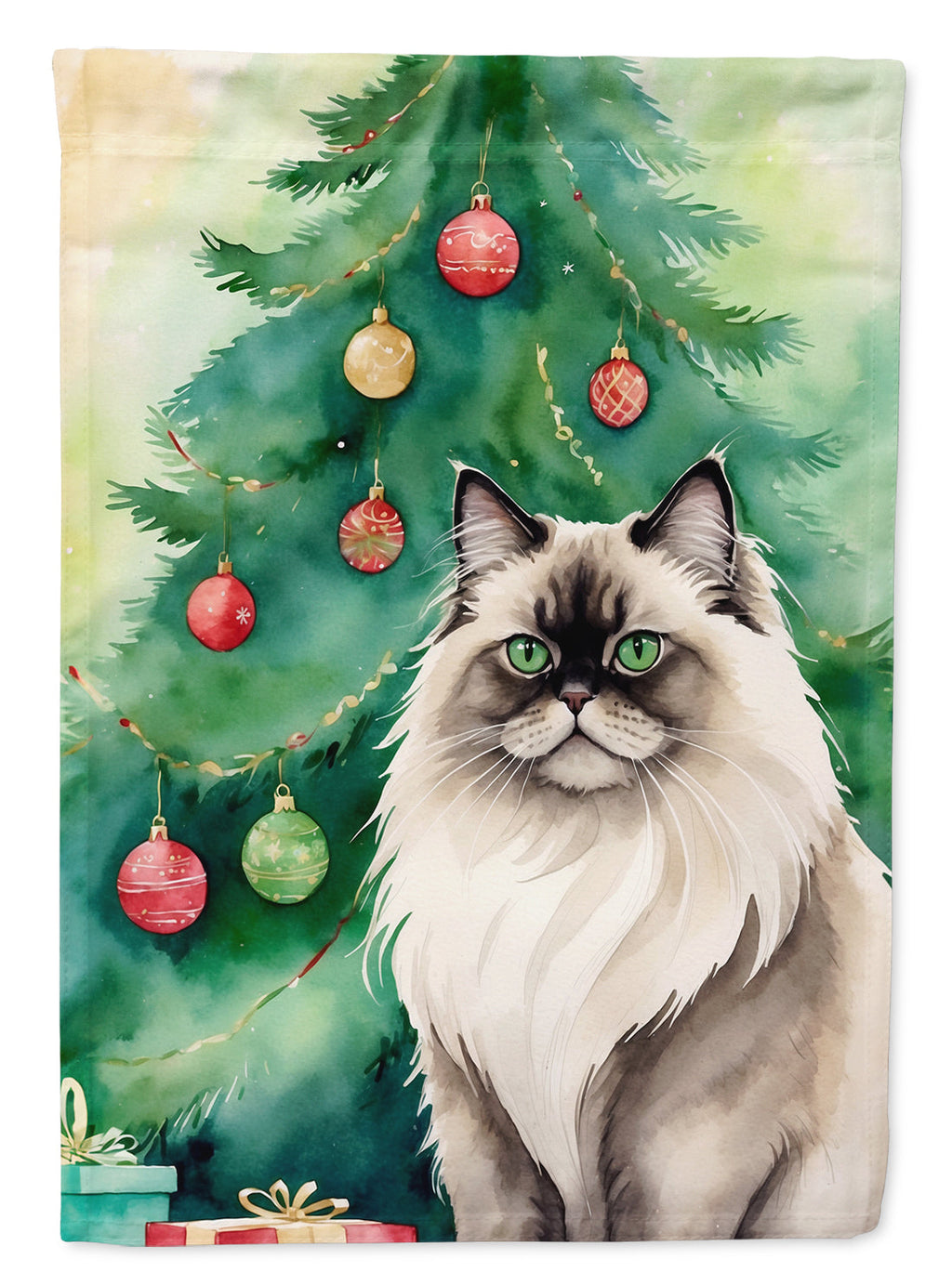 Colorpoint Longhair Cat By the Christmas Tree Garden Flag Mailbox Decorative Yard Banner Outside Patio Artwork for Flower Beds, Garden Size, Multicolor