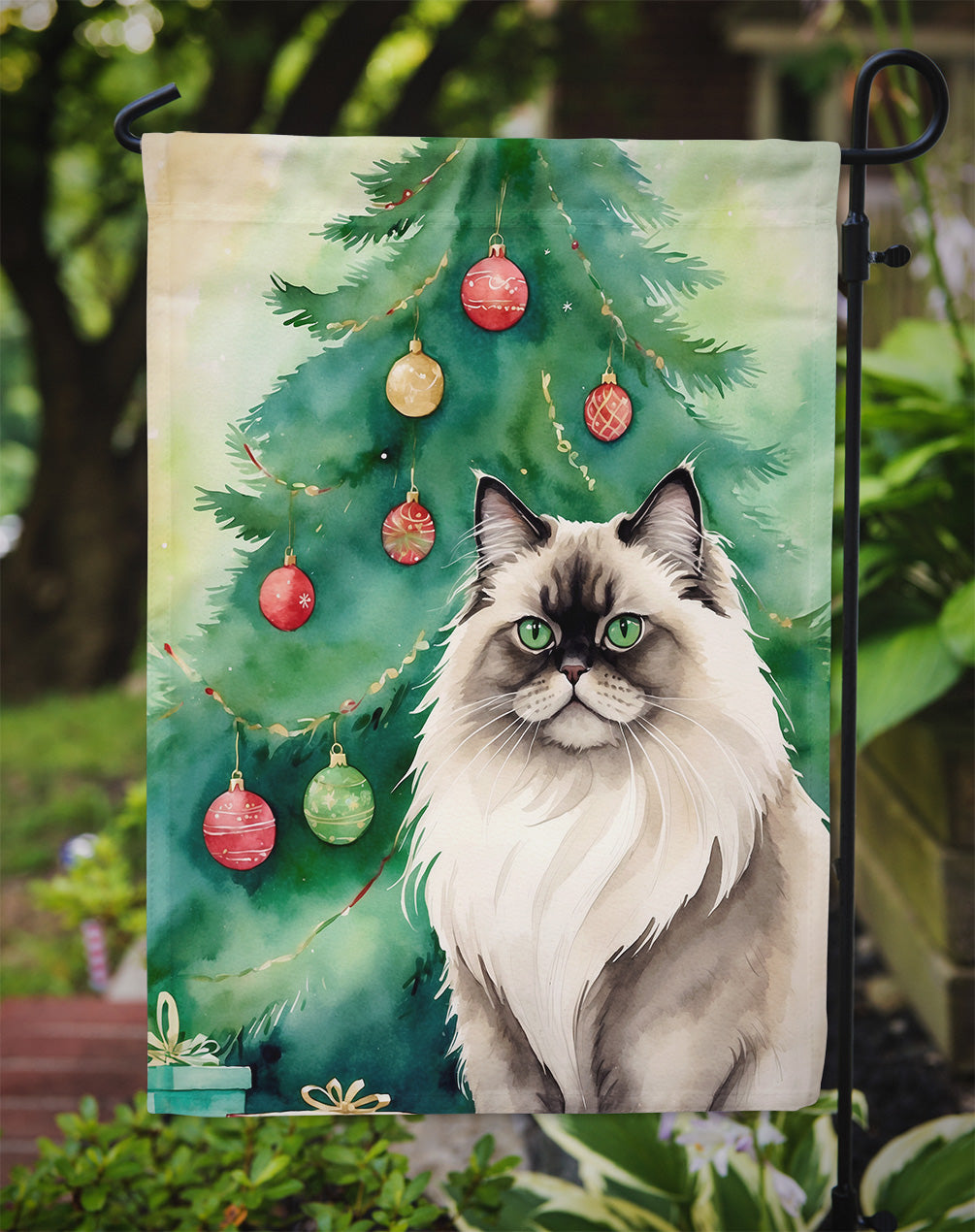 Colorpoint Longhair Cat By the Christmas Tree Garden Flag Mailbox Decorative Yard Banner Outside Patio Artwork for Flower Beds, Garden Size, Multicolor