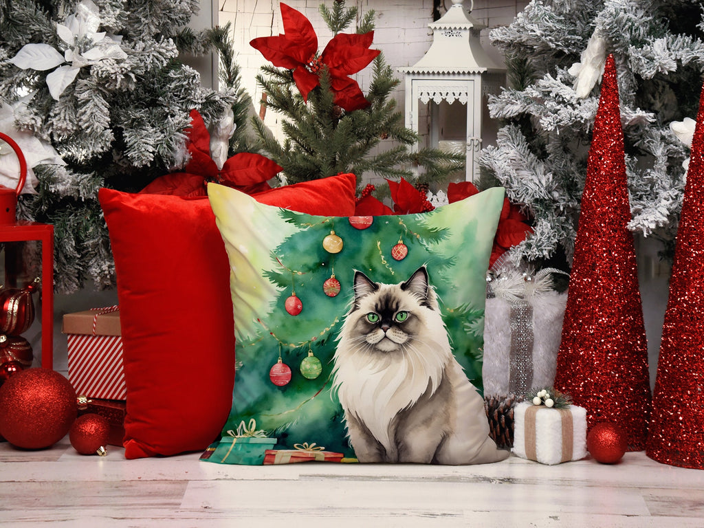 Colorpoint Longhair Cat By the Christmas Tree Decorative Throw Pillow 18x18 Indoor Outdoor Accent Cushion, Fabric Cover with Insert for Sofa, Bed, Porch & Living Room