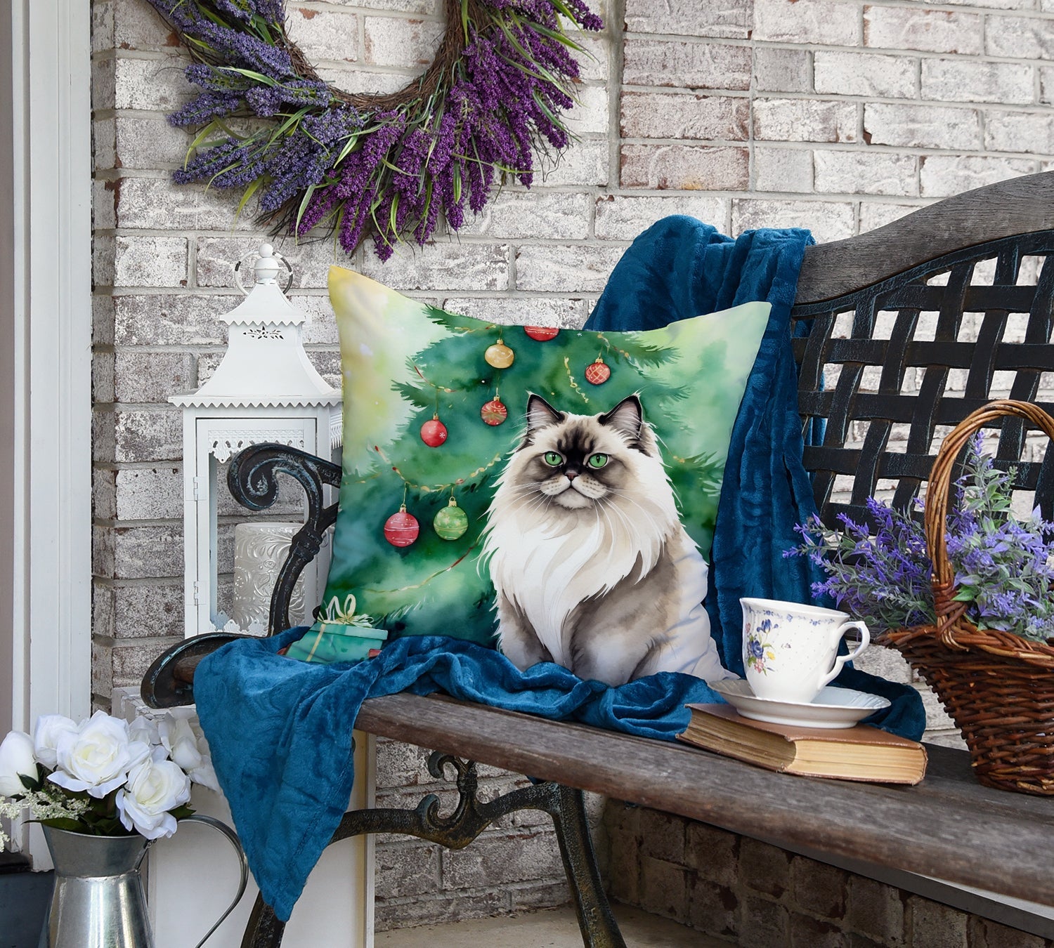 Colorpoint Longhair Cat By the Christmas Tree Decorative Throw Pillow 18x18 Indoor Outdoor Accent Cushion, Fabric Cover with Insert for Sofa, Bed, Porch & Living Room
