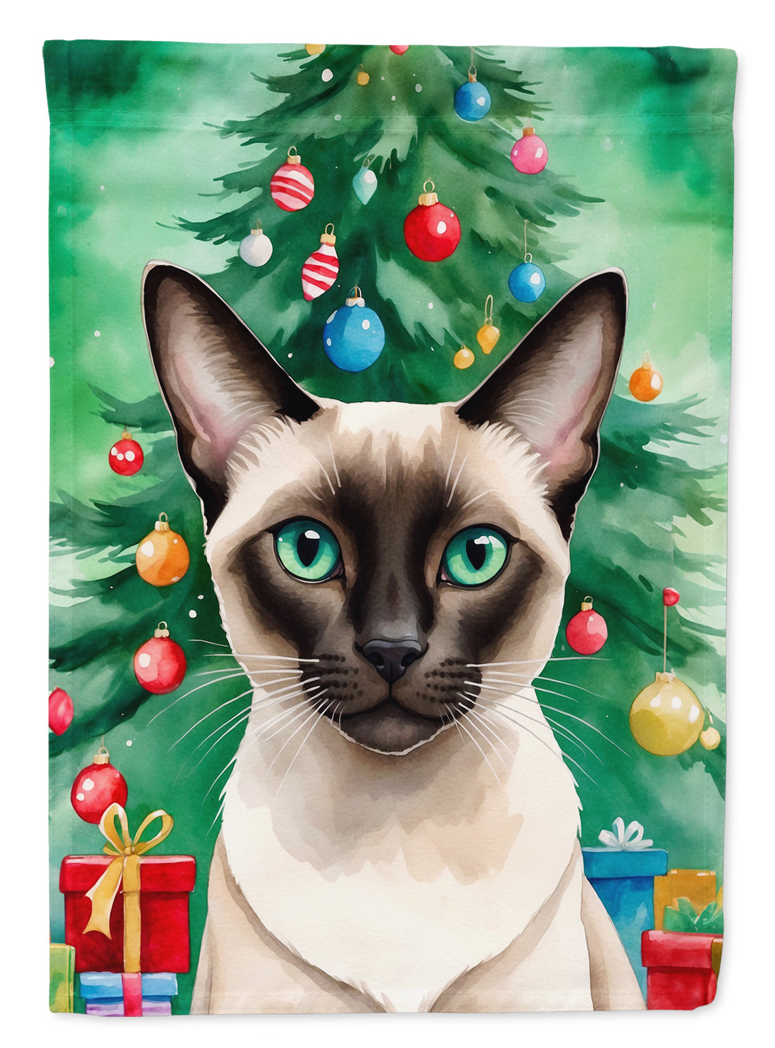 Colorpoint Shorthair Cat By the Christmas Tree House Flag 28x40 Porch Sleeve Pole Decorative Outside Yard Banner Artwork Wall Hanging, Polyester