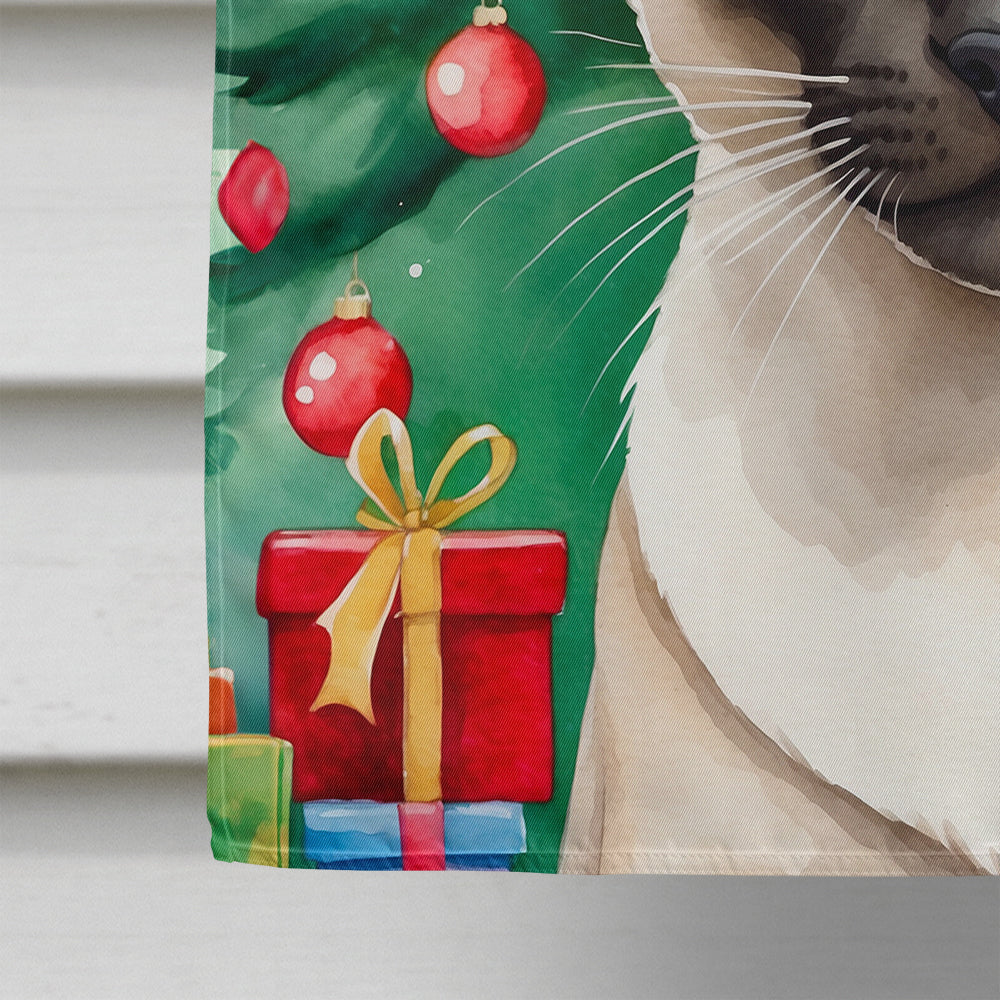 Colorpoint Shorthair Cat By the Christmas Tree House Flag 28x40 Porch Sleeve Pole Decorative Outside Yard Banner Artwork Wall Hanging, Polyester