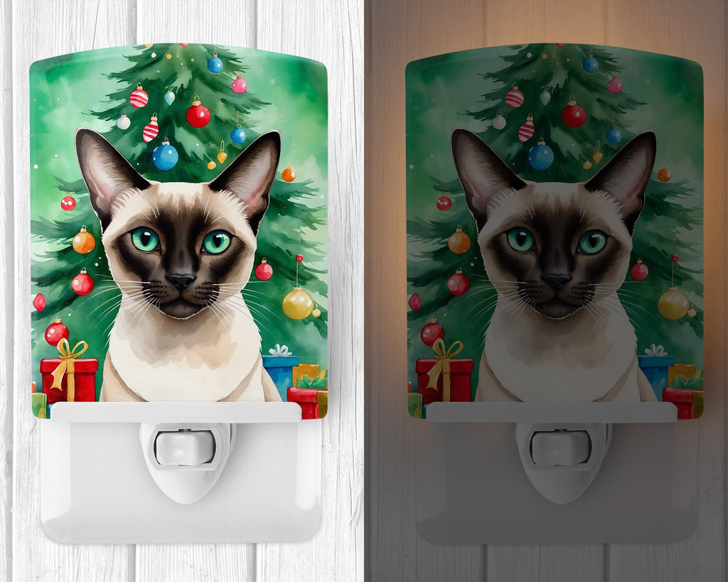 Colorpoint Shorthair Cat By the Christmas Tree Ceramic Night Light Compact, UL-Certified, Ideal for Bedroom, Bathroom, Nursery, Hallway, Kitchen, 6x4x3, Multicolor