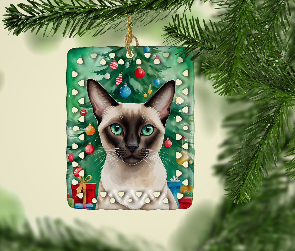 Colorpoint Shorthair Cat By the Christmas Tree Porcelain Ornament Christmas Tree Hanging Decorations for Home Christmas Holiday, Rectangle, Gift, Multicolor