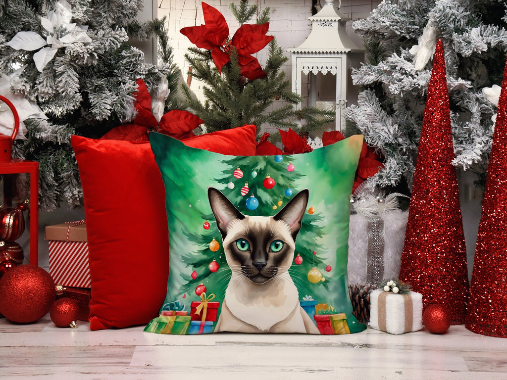 Colorpoint Shorthair Cat By the Christmas Tree Decorative Throw Pillow 18x18 Indoor Outdoor Accent Cushion, Fabric Cover with Insert for Sofa, Bed, Porch & Living Room