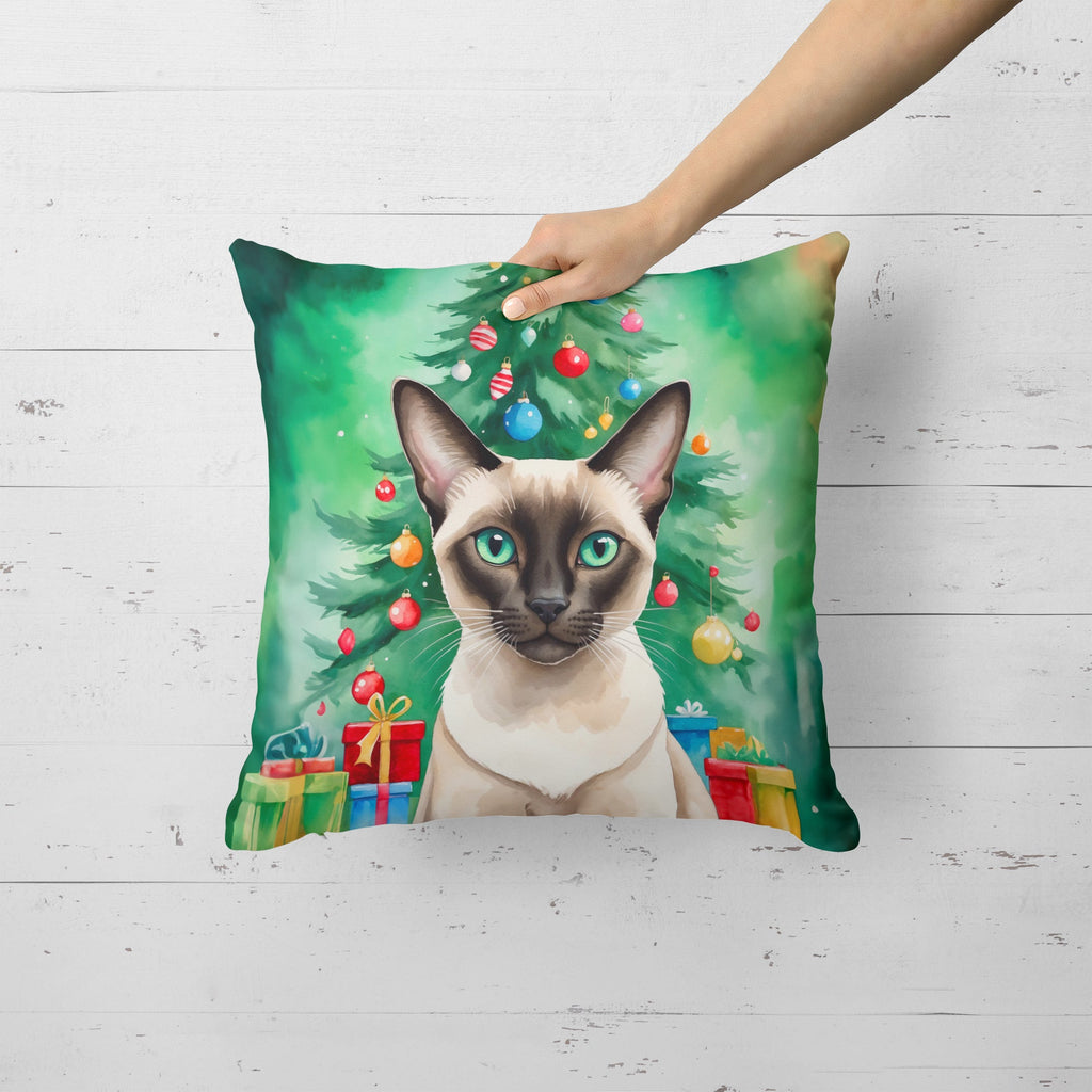 Colorpoint Shorthair Cat By the Christmas Tree Decorative Throw Pillow 18x18 Indoor Outdoor Accent Cushion, Fabric Cover with Insert for Sofa, Bed, Porch & Living Room