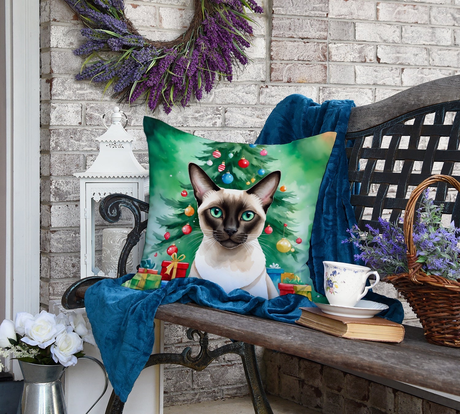 Colorpoint Shorthair Cat By the Christmas Tree Decorative Throw Pillow 18x18 Indoor Outdoor Accent Cushion, Fabric Cover with Insert for Sofa, Bed, Porch & Living Room