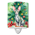 Cornish Rex Cat By the Christmas Tree Ceramic Night Light Compact, UL-Certified, Ideal for Bedroom, Bathroom, Nursery, Hallway, Kitchen, 6x4x3, Multicolor