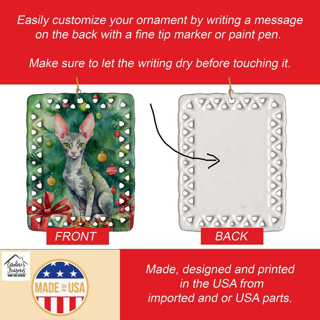 Cornish Rex Cat By the Christmas Tree Porcelain Ornament Christmas Tree Hanging Decorations for Home Christmas Holiday, Rectangle, Gift, Multicolor