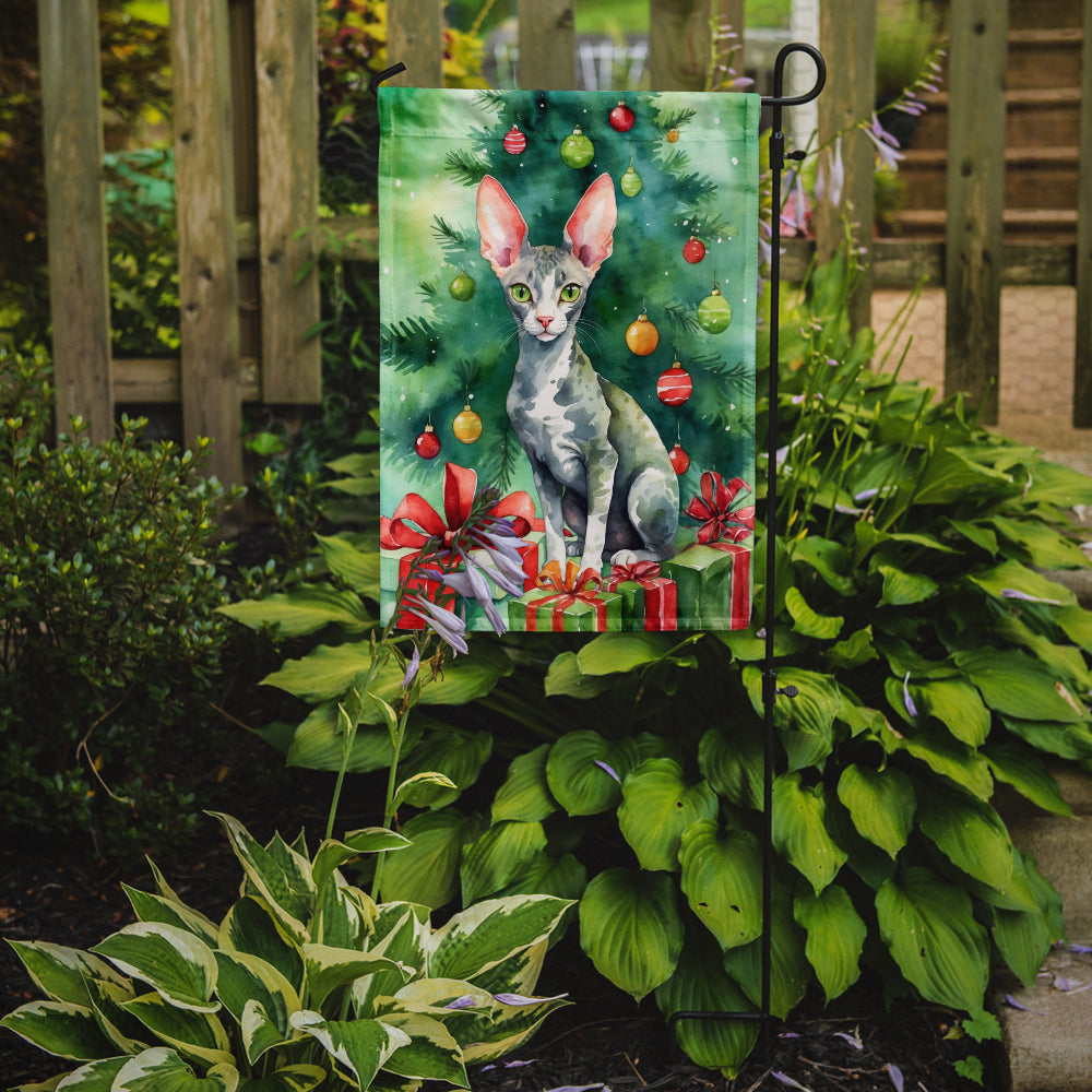 Cornish Rex Cat By the Christmas Tree Garden Flag Mailbox Decorative Yard Banner Outside Patio Artwork for Flower Beds, Garden Size, Multicolor
