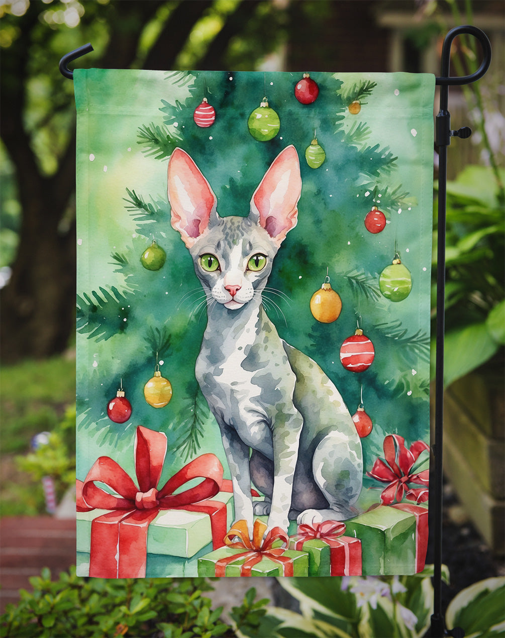 Cornish Rex Cat By the Christmas Tree Garden Flag Mailbox Decorative Yard Banner Outside Patio Artwork for Flower Beds, Garden Size, Multicolor