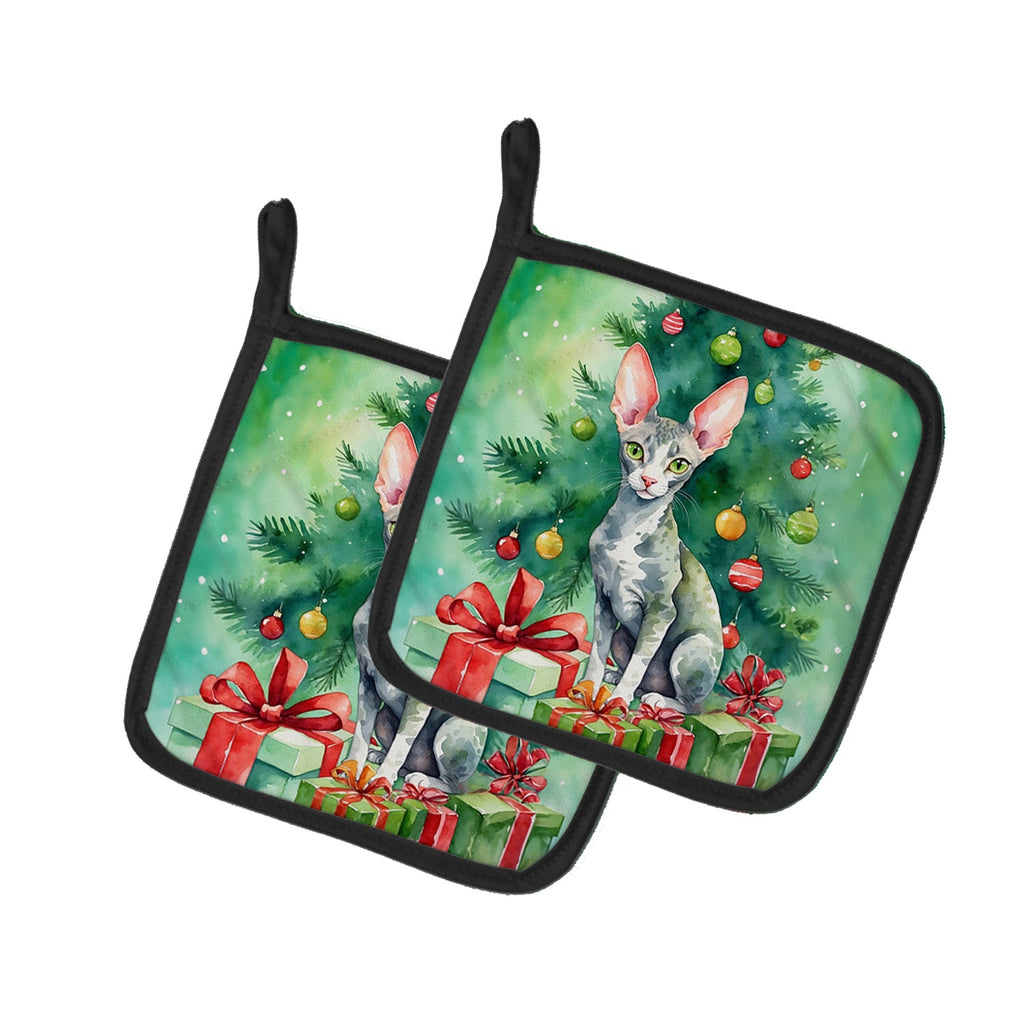 Cornish Rex Cat By the Christmas Tree Pot Holder Set of 2 Heat Resistant Quilted Hot Pads 7.5 x 7.5 Inch, Insulated Kitchen Trivets for Cooking & Baking