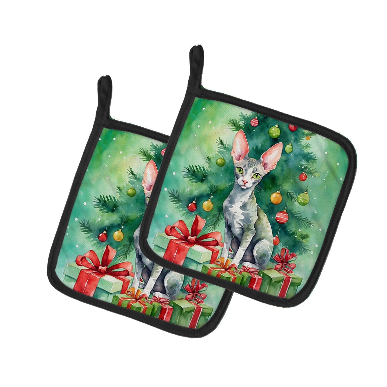 Cornish Rex Cat By the Christmas Tree Pot Holder Set of 2 Heat Resistant Quilted Hot Pads 7.5 x 7.5 Inch, Insulated Kitchen Trivets for Cooking & Baking