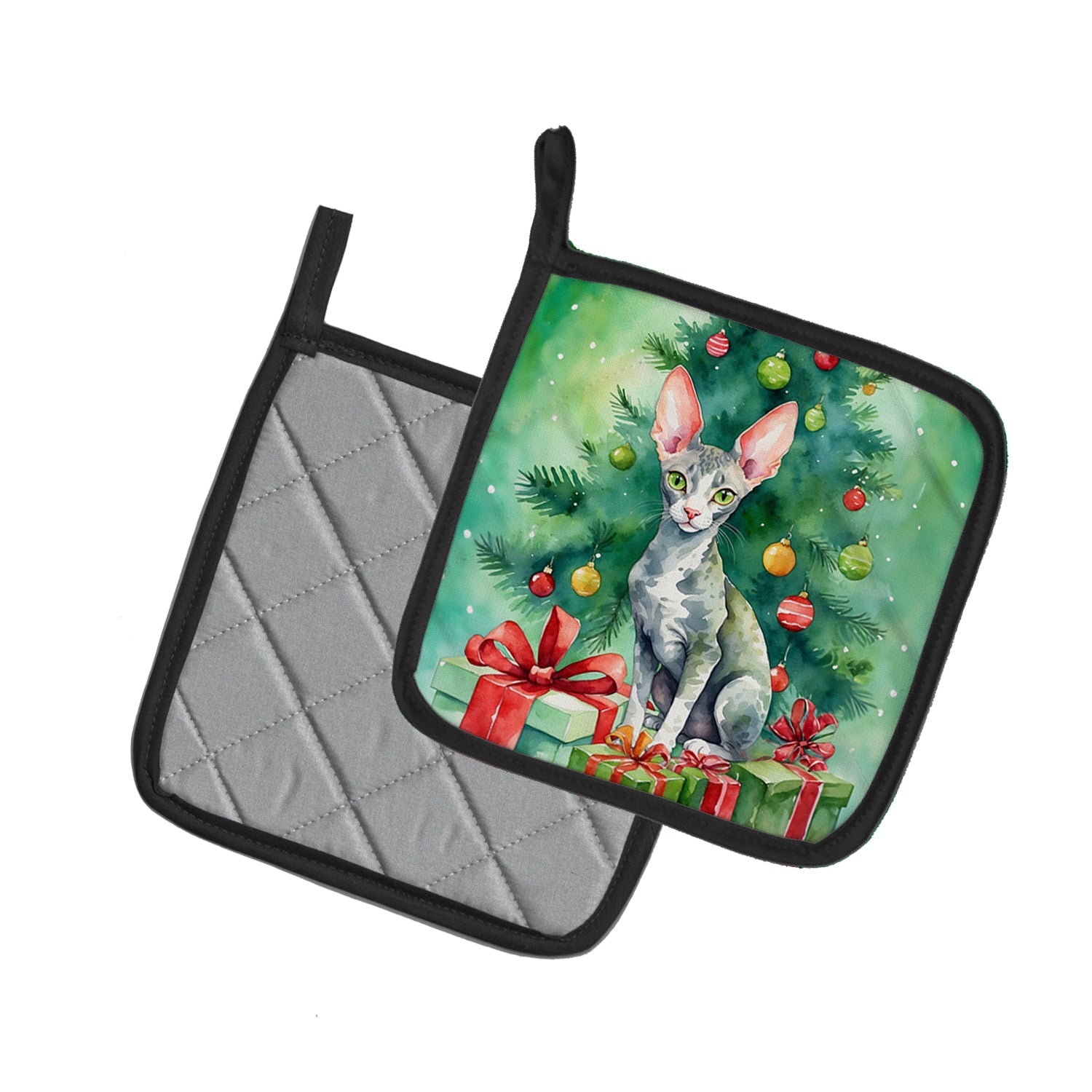 Cornish Rex Cat By the Christmas Tree Pot Holder Set of 2 Heat Resistant Quilted Hot Pads 7.5 x 7.5 Inch, Insulated Kitchen Trivets for Cooking & Baking