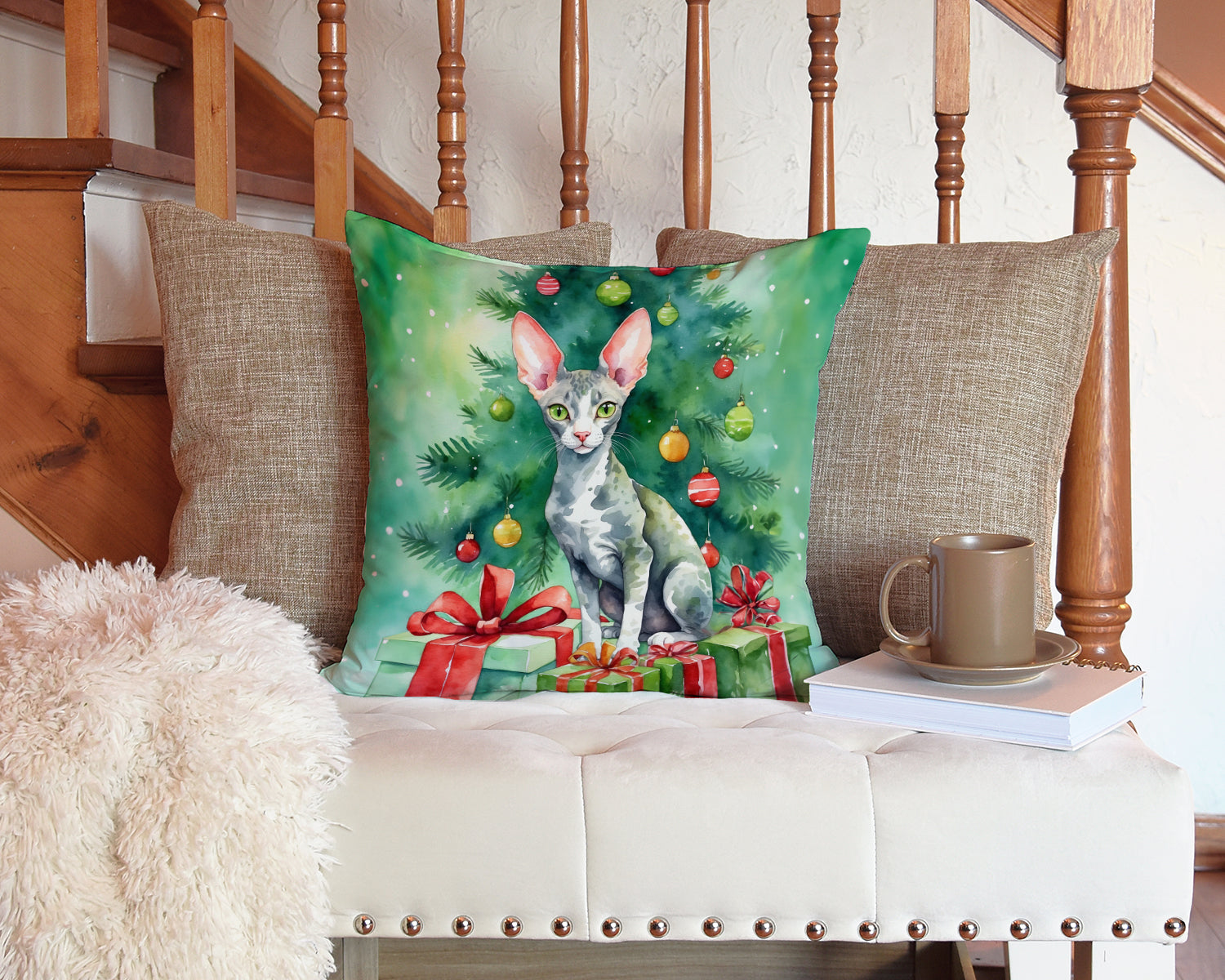 Cornish Rex Cat By the Christmas Tree Decorative Throw Pillow 14x14 Indoor Outdoor Accent Cushion, Fabric Cover with Insert for Sofa, Bed, Porch & Living Room