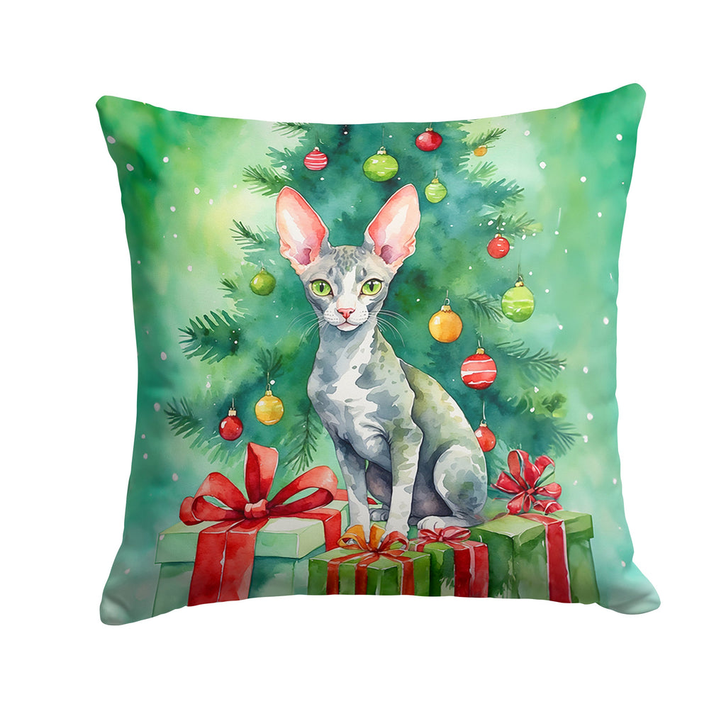 Cornish Rex Cat By the Christmas Tree Decorative Throw Pillow 14x14 Indoor Outdoor Accent Cushion, Fabric Cover with Insert for Sofa, Bed, Porch & Living Room