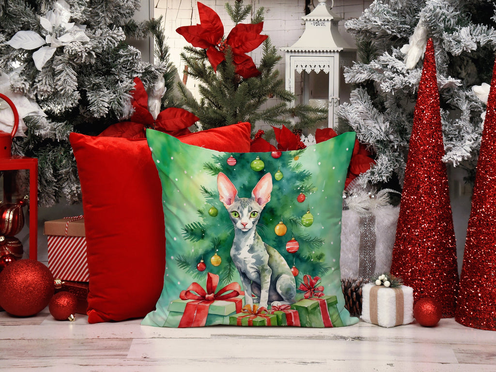 Cornish Rex Cat By the Christmas Tree Decorative Throw Pillow 18x18 Indoor Outdoor Accent Cushion, Fabric Cover with Insert for Sofa, Bed, Porch & Living Room