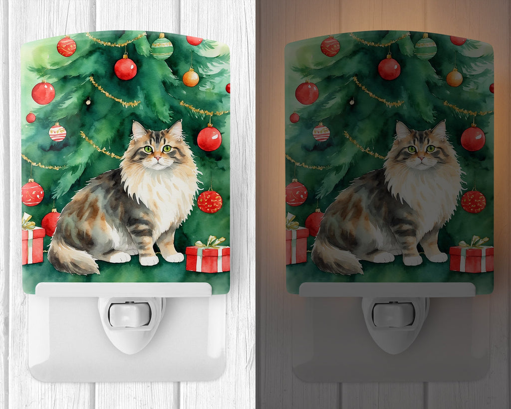 Cymric Cat By the Christmas Tree Ceramic Night Light Compact, UL-Certified, Ideal for Bedroom, Bathroom, Nursery, Hallway, Kitchen, 6x4x3, Multicolor