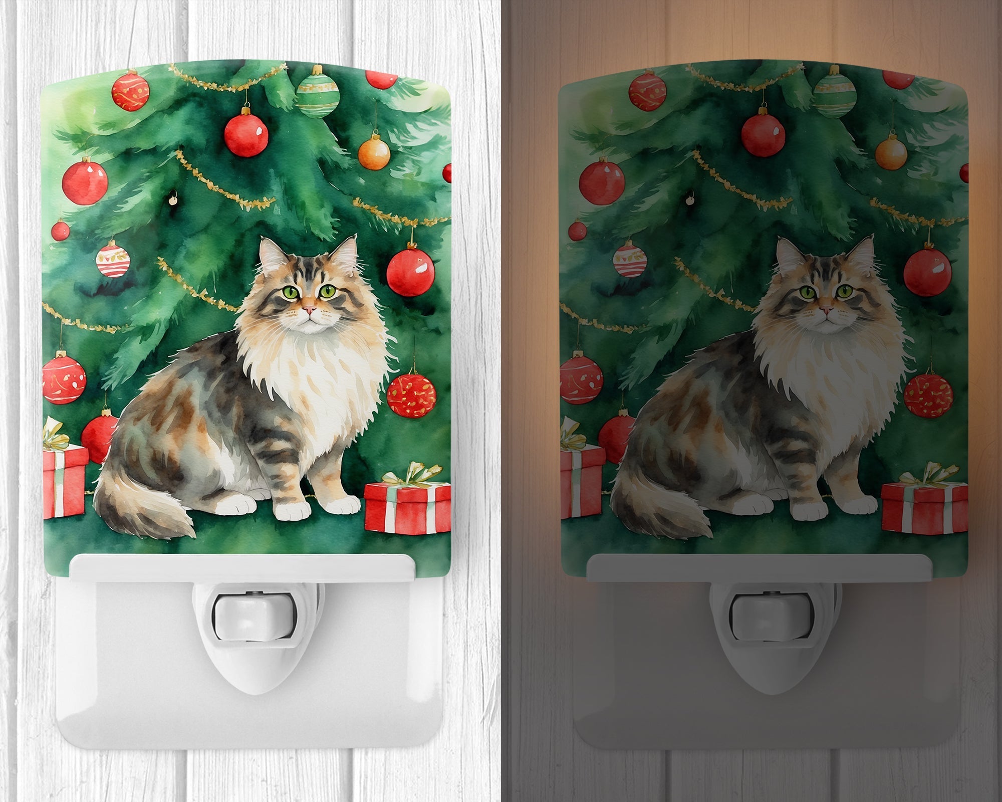Cymric Cat By the Christmas Tree Ceramic Night Light Compact, UL-Certified, Ideal for Bedroom, Bathroom, Nursery, Hallway, Kitchen, 6x4x3, Multicolor