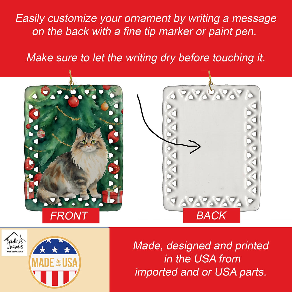 Cymric Cat By the Christmas Tree Porcelain Ornament Christmas Tree Hanging Decorations for Home Christmas Holiday, Rectangle, Gift, Multicolor