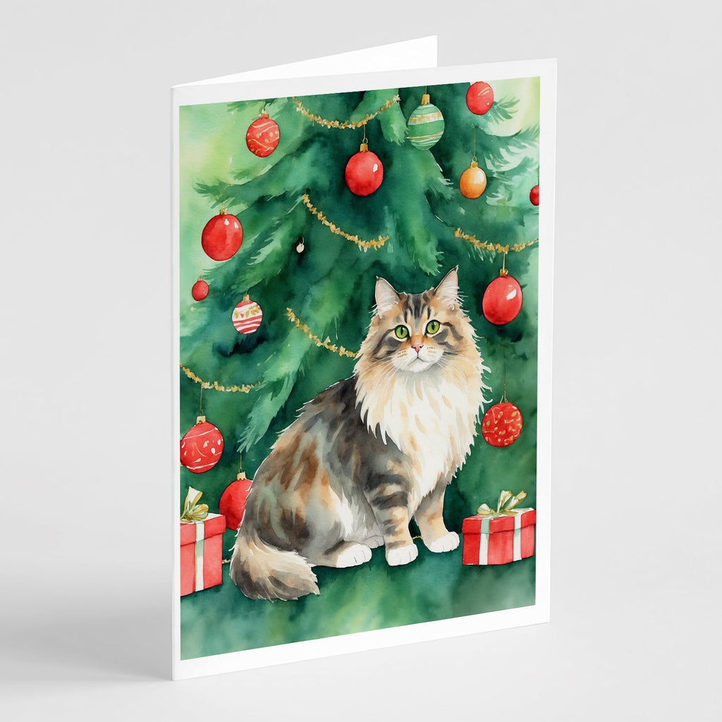 Cymric Cat By the Christmas Tree Greeting Cards Pack of 8 Blank Cards with Envelopes Whimsical A7 Size 5x7