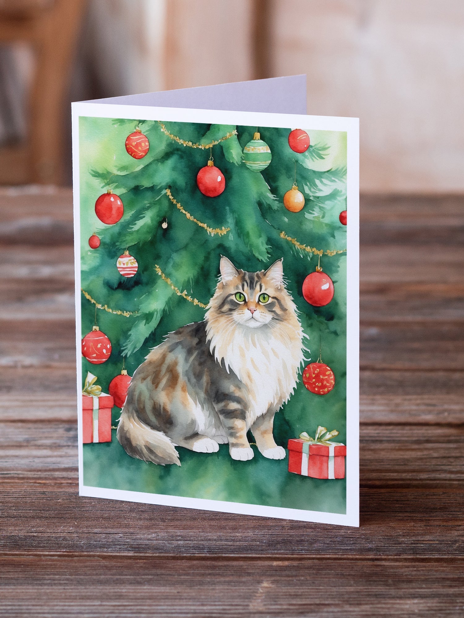 Cymric Cat By the Christmas Tree Greeting Cards Pack of 8 Blank Cards with Envelopes Whimsical A7 Size 5x7