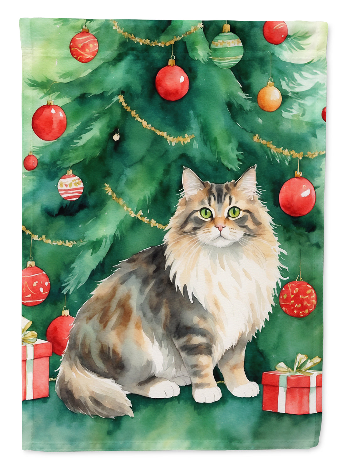 Cymric Cat By the Christmas Tree Garden Flag Mailbox Decorative Yard Banner Outside Patio Artwork for Flower Beds, Garden Size, Multicolor