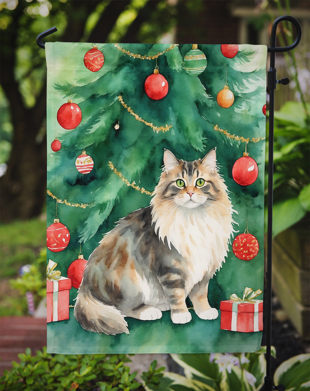 Cymric Cat By the Christmas Tree Garden Flag Mailbox Decorative Yard Banner Outside Patio Artwork for Flower Beds, Garden Size, Multicolor