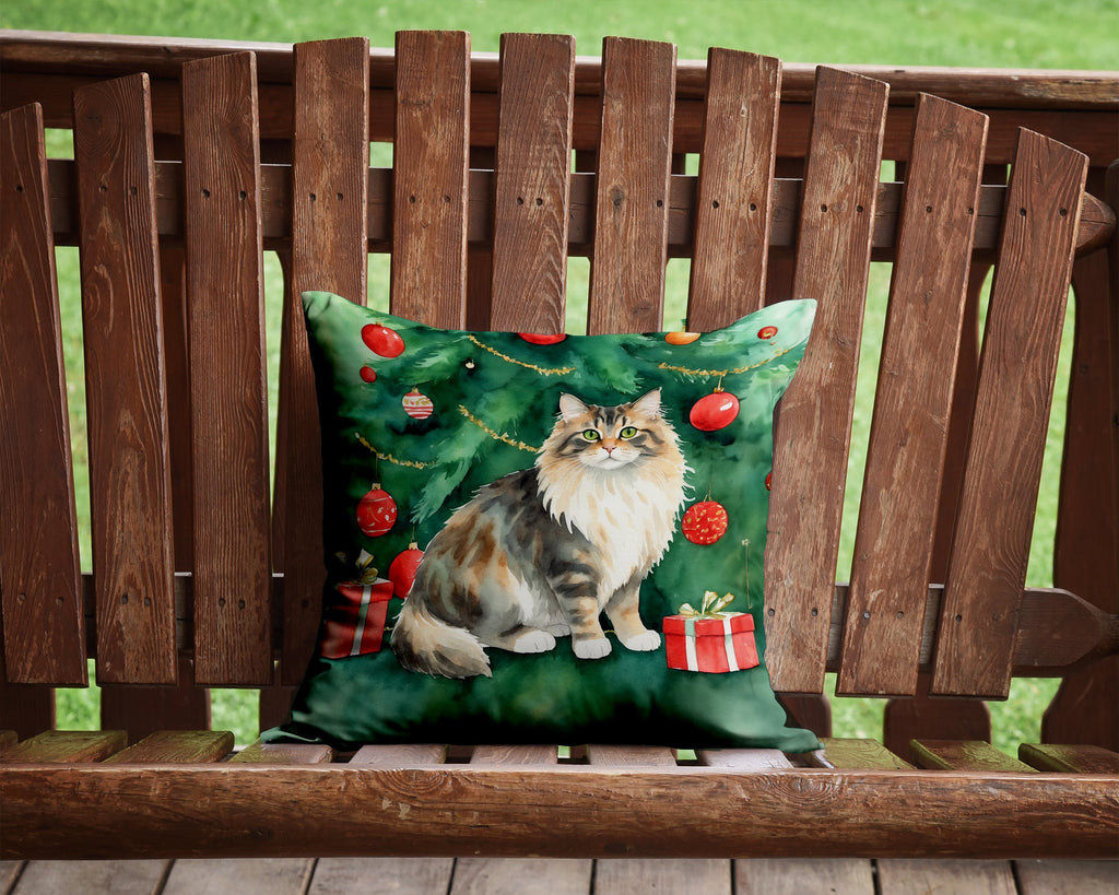Cymric Cat By the Christmas Tree Decorative Throw Pillow 14x14 Indoor Outdoor Accent Cushion, Fabric Cover with Insert for Sofa, Bed, Porch & Living Room